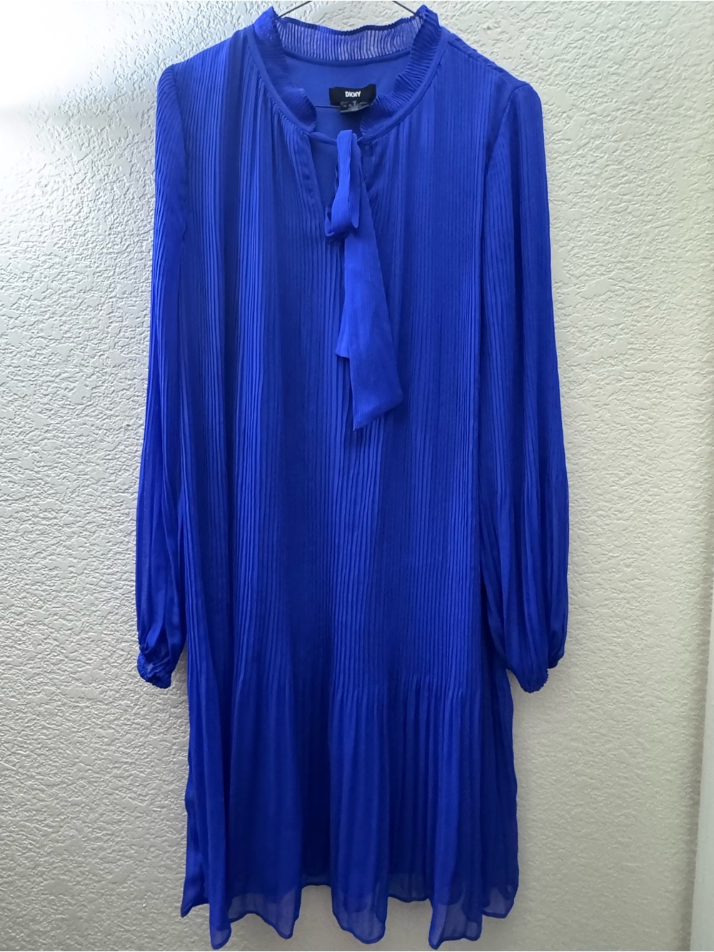 DKNY Cobalt Blue Long Sleeve Pleated Tie-Neck Dress